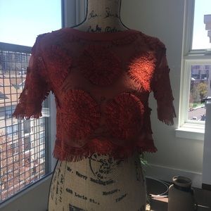 Used Gracia Floral Embroidered Mesh Top
